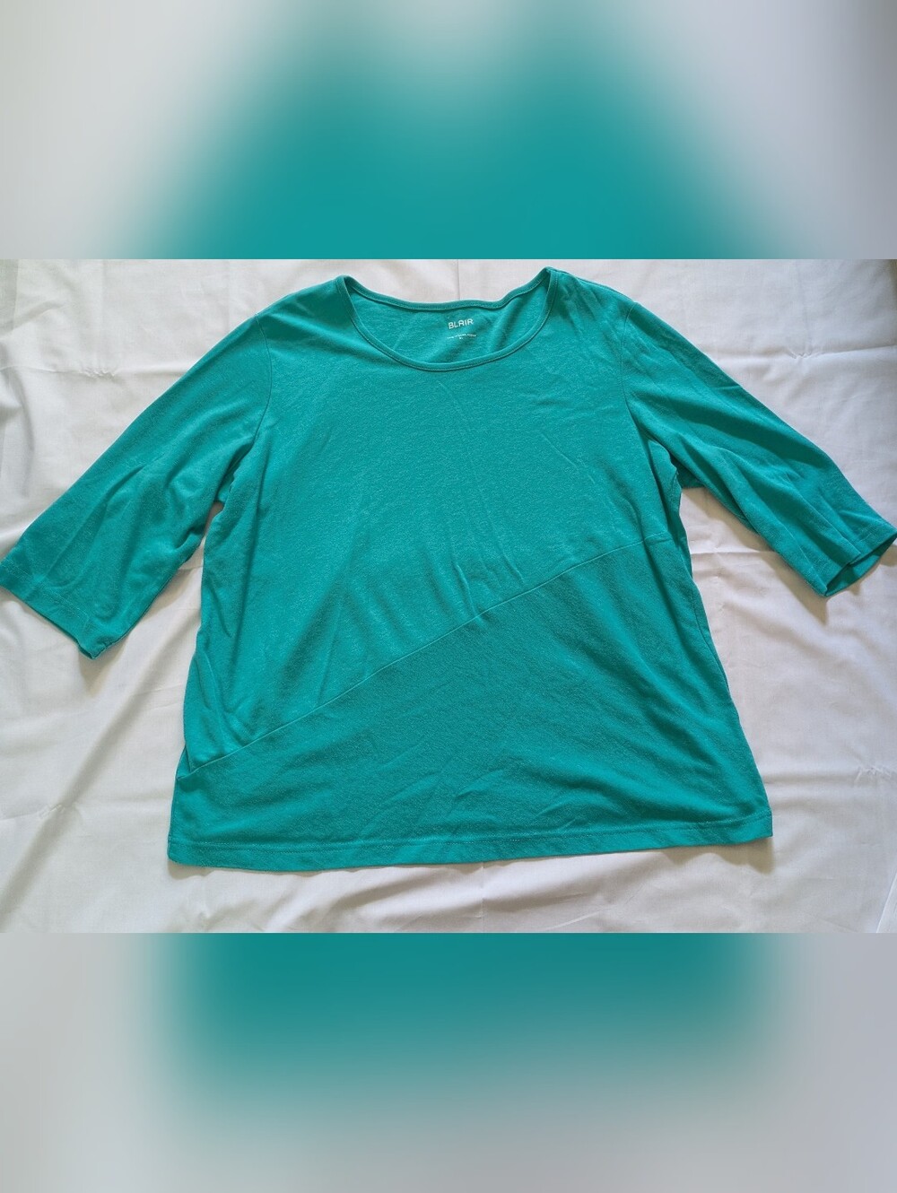 Teal Asymmetrical Block Design Scoop Neck 3/4 Sleeve Top